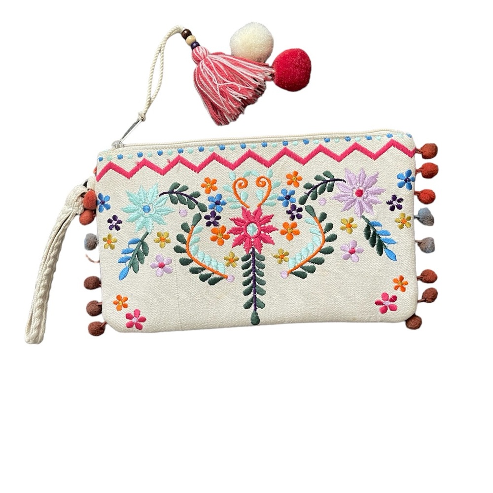 2 Chic embroidered pom tassel clutch
